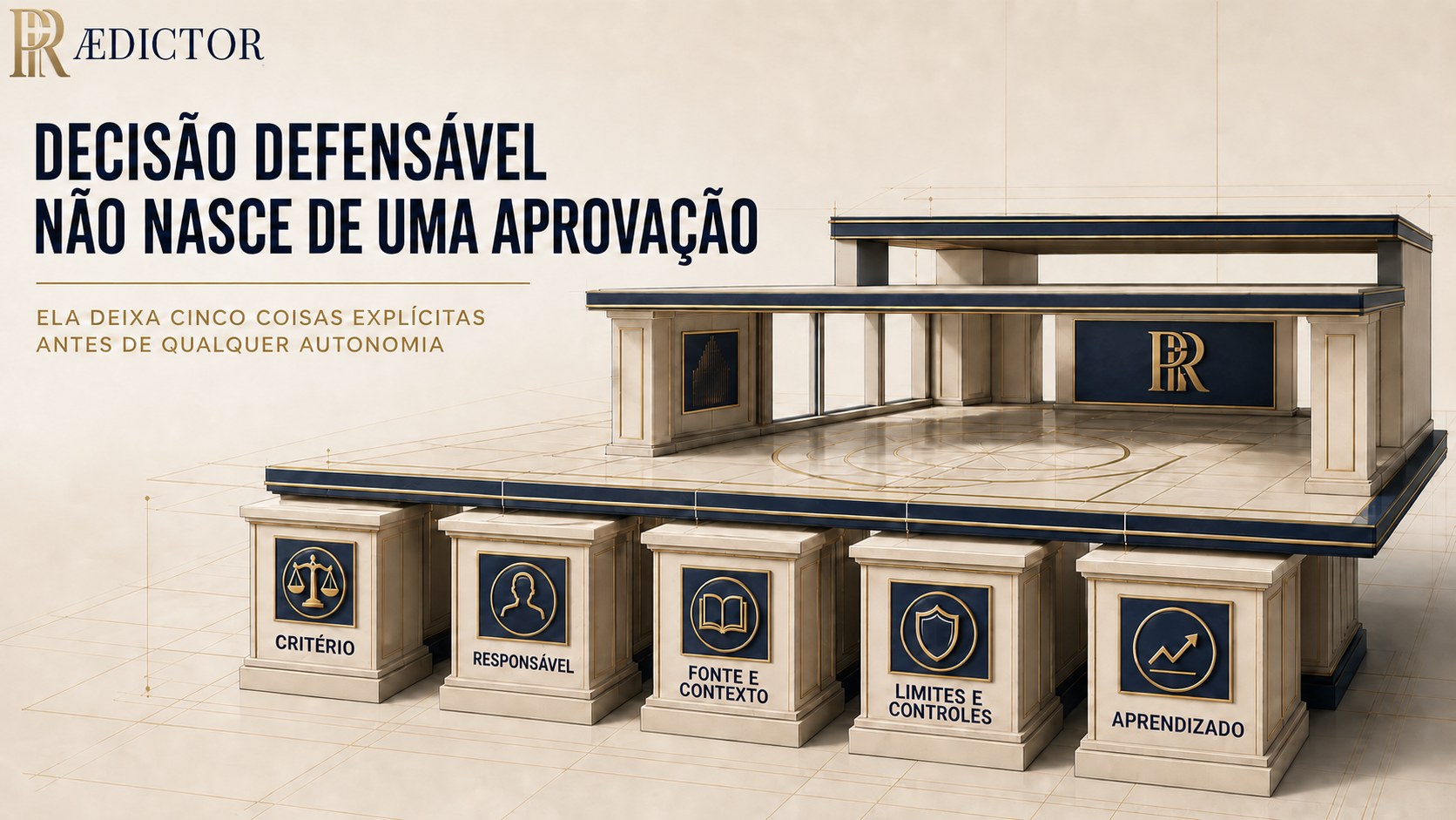 Decisão defensável não nasce de uma aprovação: cinco pedestais representam os cinco pilares — Critério, Responsável, Fonte e Contexto, Limites e Controles, Aprendizado