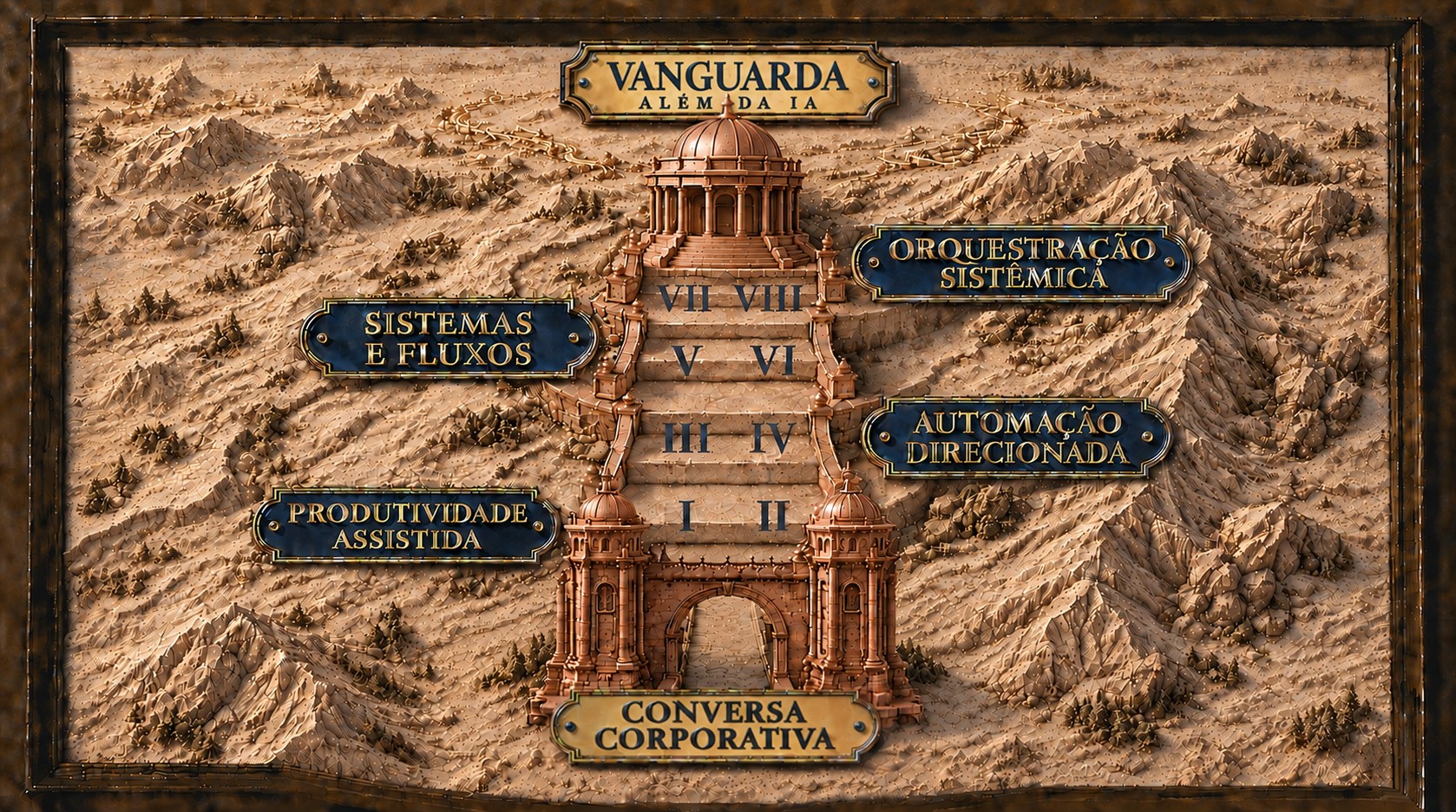 Relief map of the AI Judgment region: a staircase climbs from a building to the south, marked Corporate Conversation, past four terraces numbered in Roman numerals — Assisted Productivity, Directed Automation, Systems and Workflows, and Systemic Orchestration — up to the Vanguard marker, beyond AI, at the top, next to the temple crowning the climb